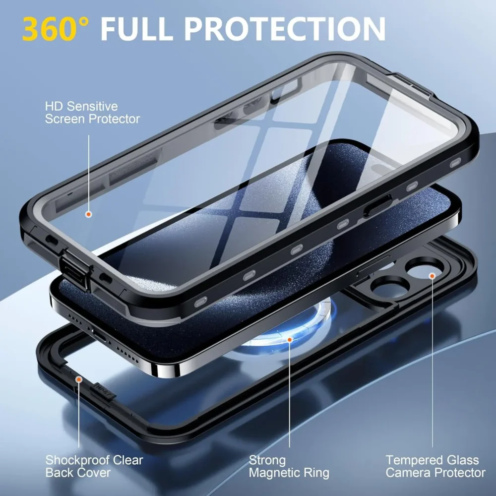 iPhone 15 Pro IP68 Waterproof, Shockproof, Dustproof, Magnetic Charging Premium Rugged Case - 360 Full Protection